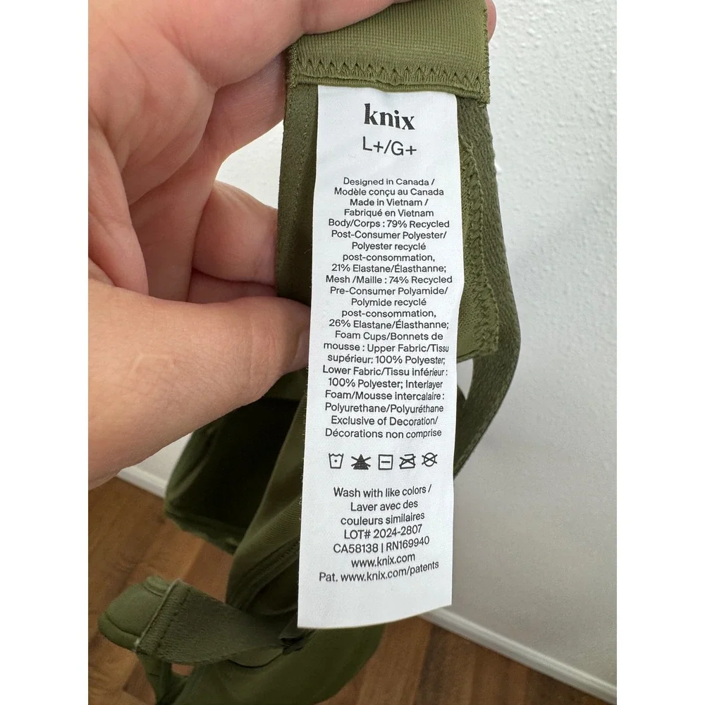 Knix Revolution Wireless‎ Bra Olive Green Mesh V-Neck Size L+/G+